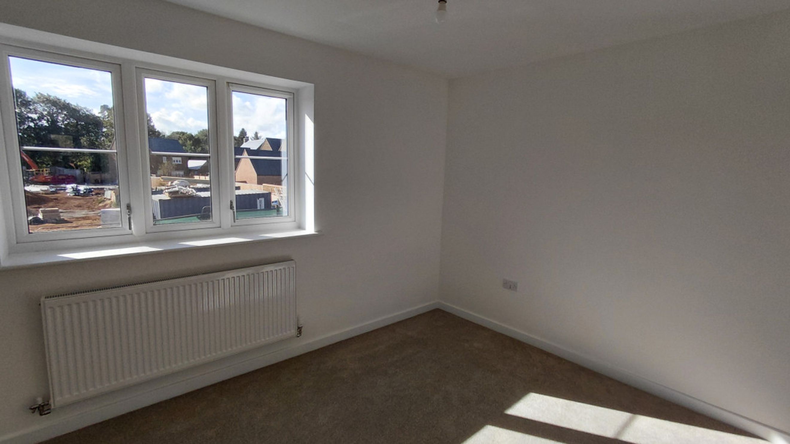 A room with a window, radiator, and carpet.