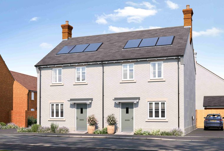 A pair of semi-detached houses with light brick exteriors, grey tiled roofs, and solar panels.
