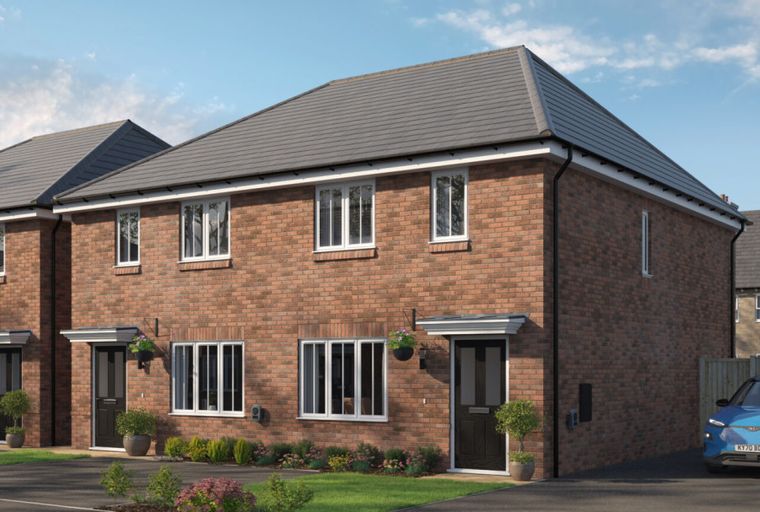 A row of modern brick houses with grey tiled roofs and white-framed windows.