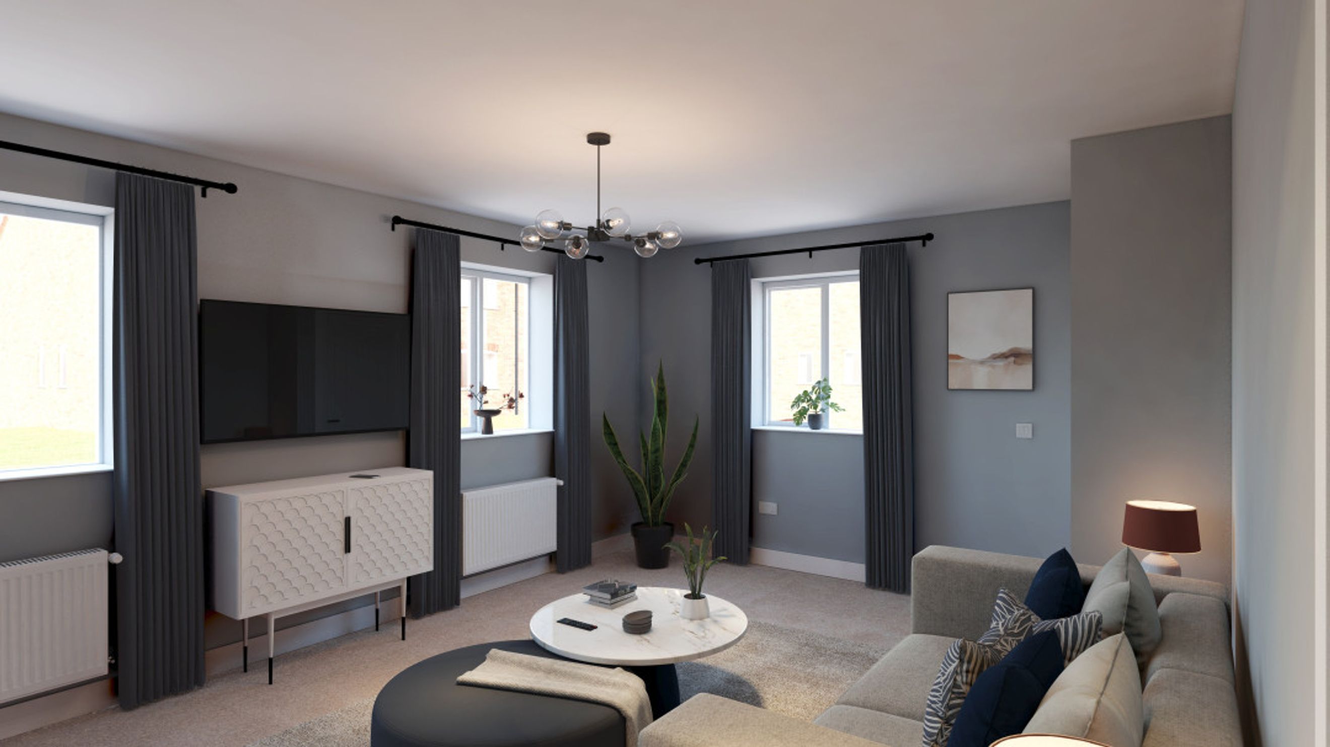A living room with a television, a sofa, and a coffee table.