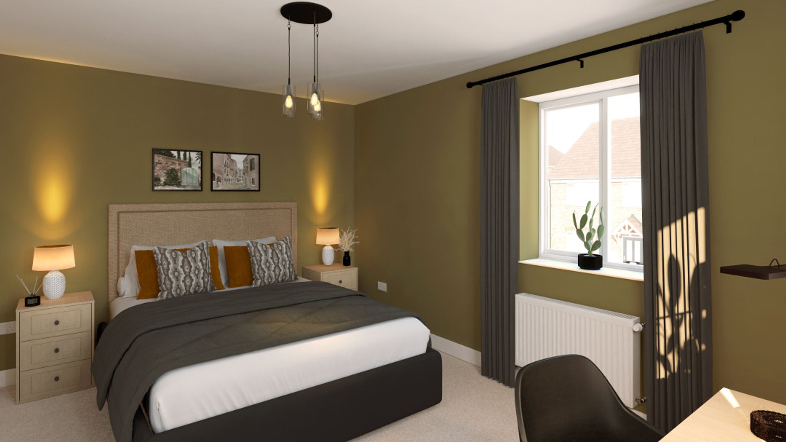 A bedroom with a bed, nightstands, and a window.