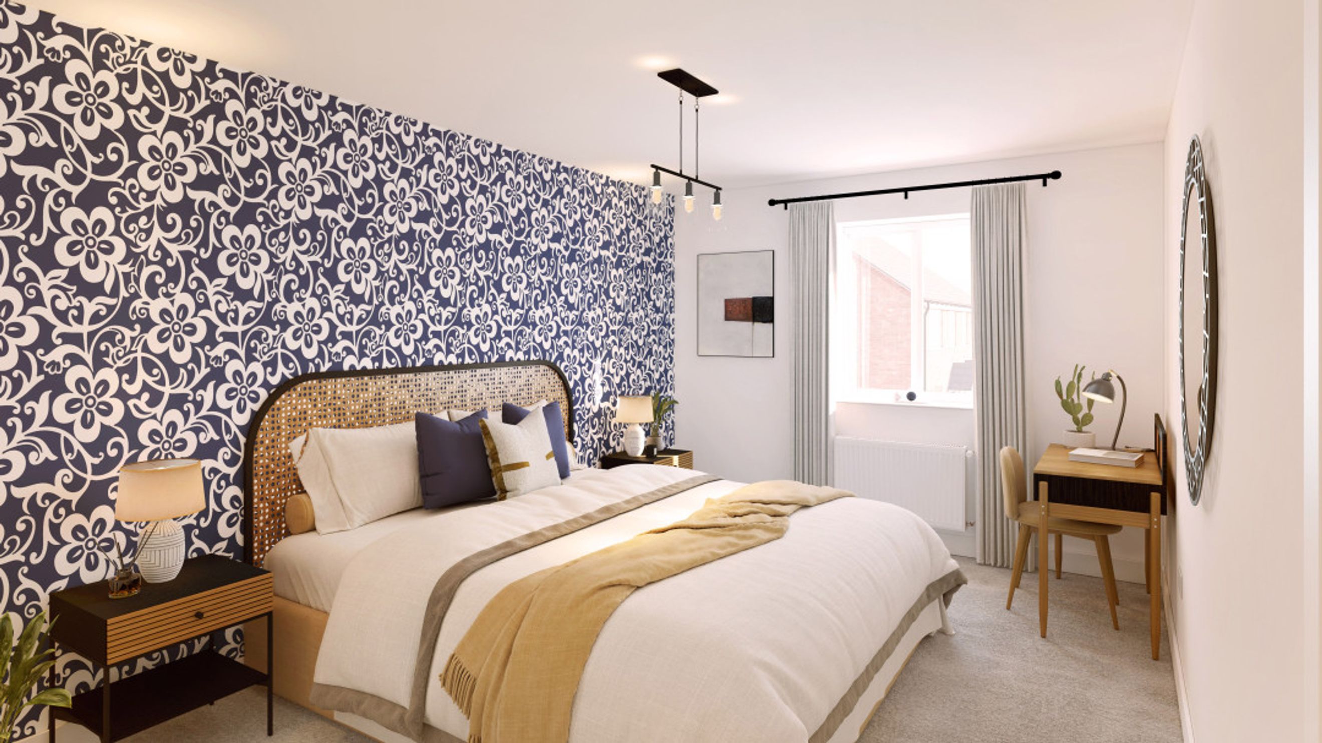 A bedroom with a bed, wallpaper, and a desk.