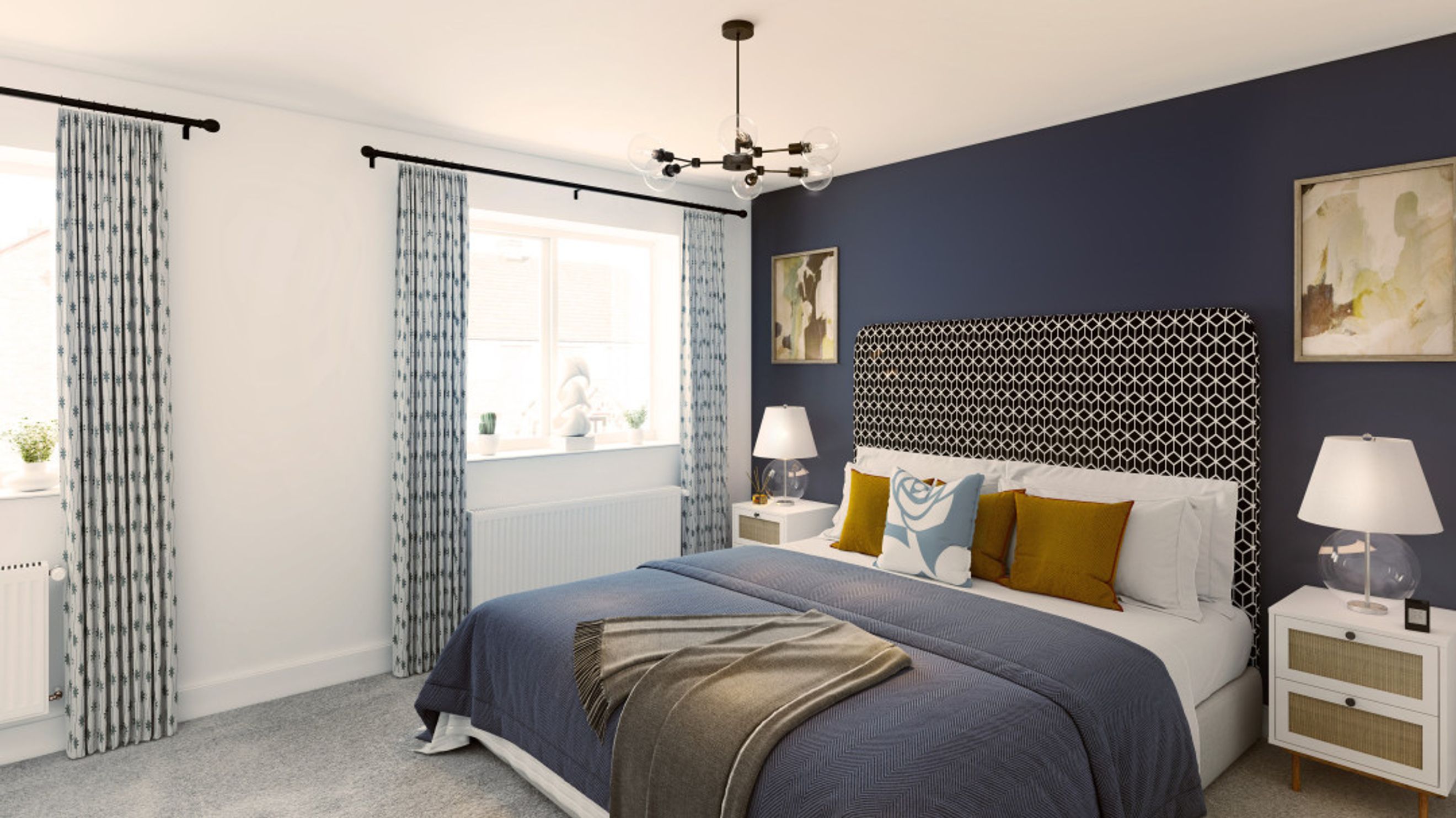A bedroom with a bed, headboard, bedside tables, lamps, curtains, and a chandelier.