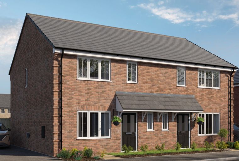 A pair of red brick semi-detached houses with grey tiled roofs and white-framed windows.