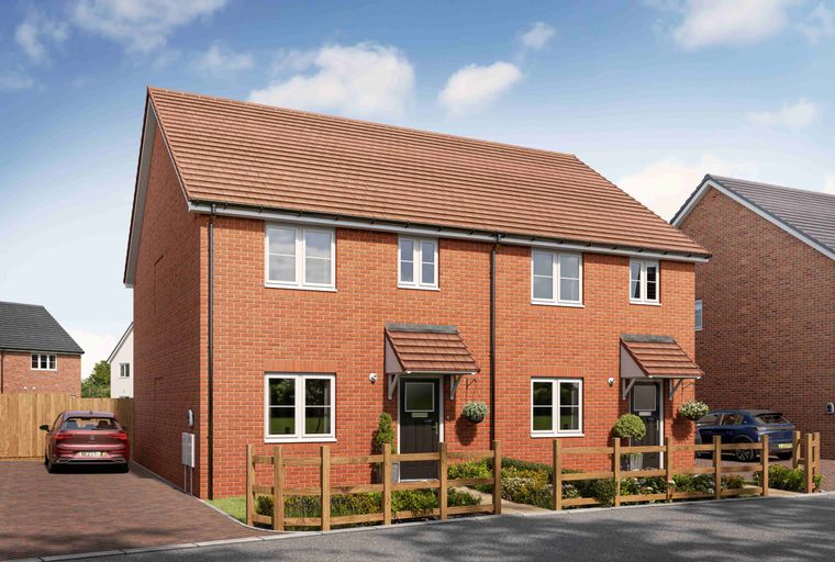 A red brick semi-detached house with a tiled roof and white windows.