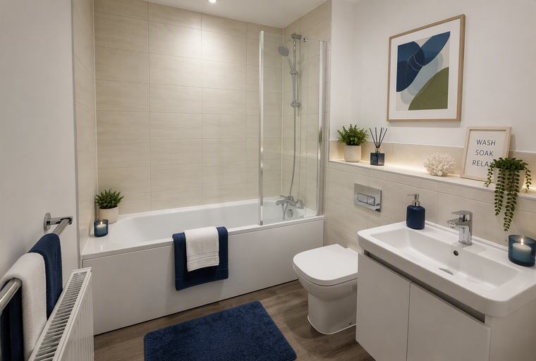 A bathroom with a bathtub, toilet, sink, and decorative items.