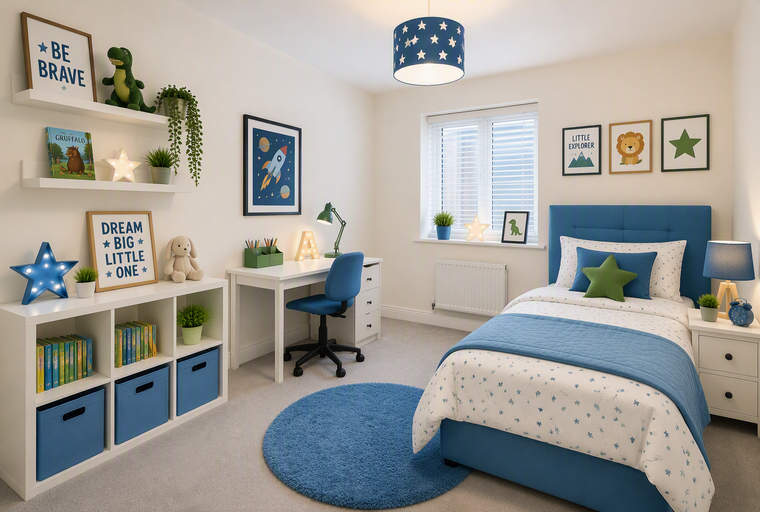 A child's bedroom with a bed, desk, and shelving unit.