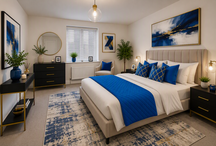 A bedroom with a bed, pillows, and furniture.