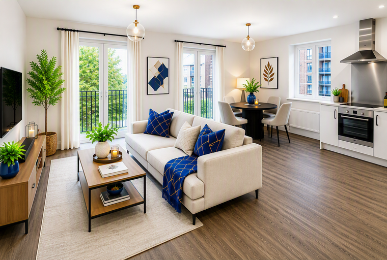 A living room and kitchen area with a sofa, coffee table, dining table, and kitchen appliances.