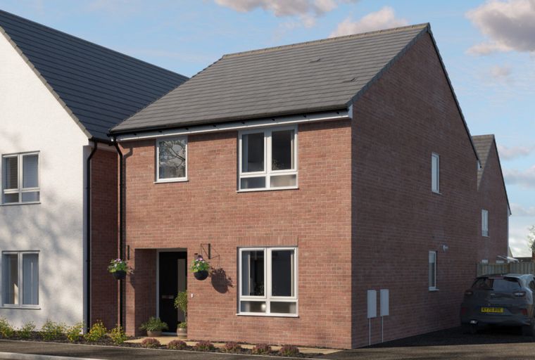 A modern red brick house with white rendered sections, featuring multiple windows, a front door, and a parked car.