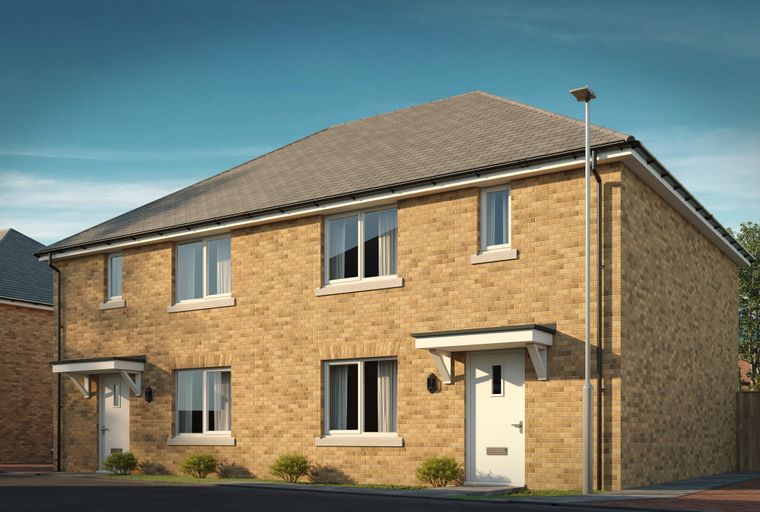 A pair of modern brick semi-detached houses with pitched roofs and white doors under a clear blue sky.