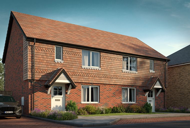 A pair of semi-detached brick houses with tiled roofs and front porches under a blue sky.