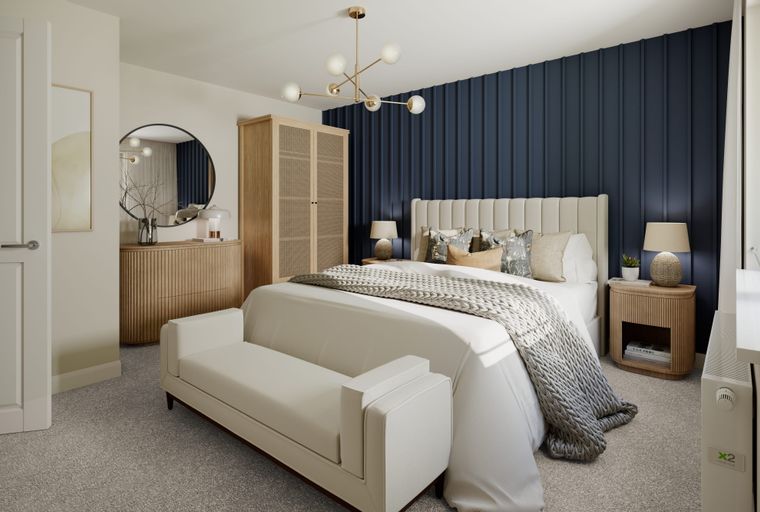 A bedroom with a bed, nightstands, a dresser, a wardrobe, and a bench.