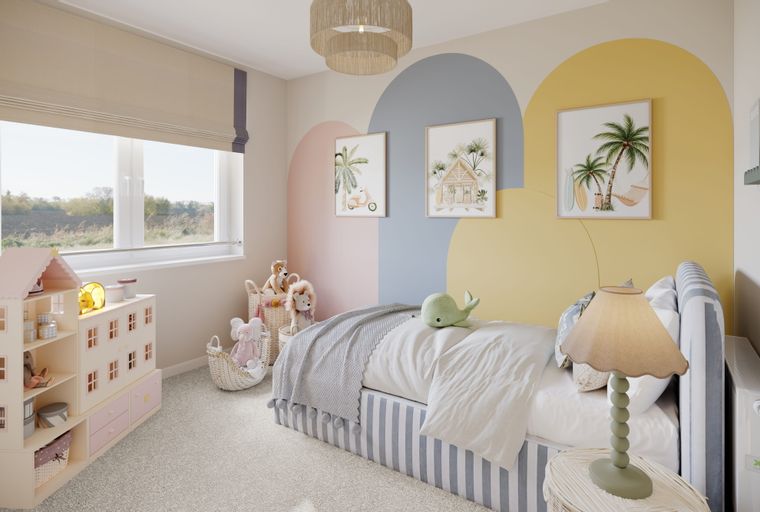 A child's bedroom with a bed, toys, and wall art.