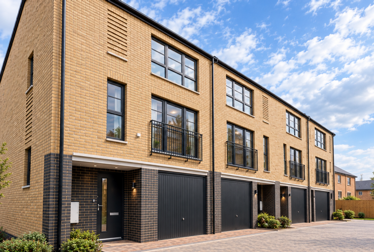 A row of modern townhouses with yellow brick exteriors and black garages.