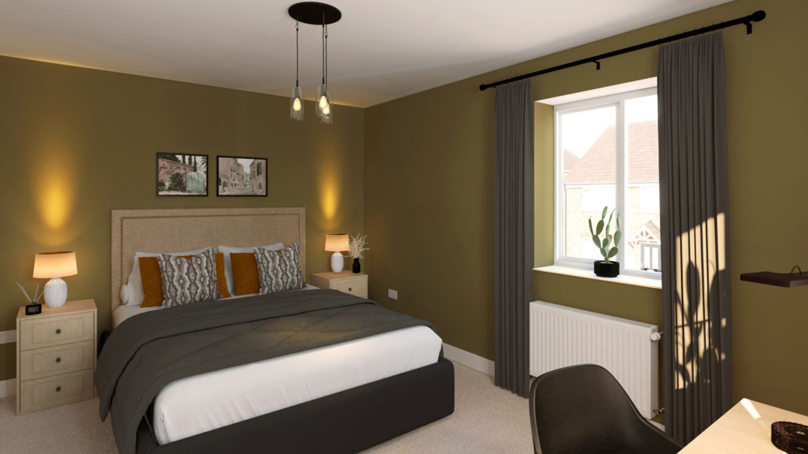 A bedroom with a bed, bedside tables, a window with curtains, and a pendant light.