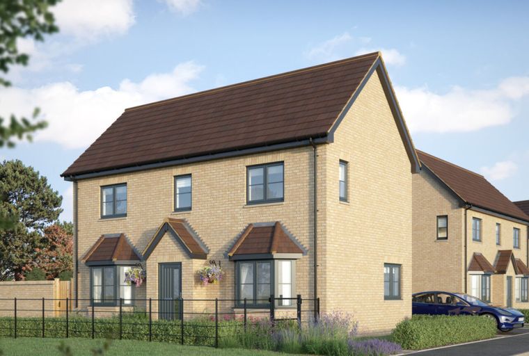 A row of modern beige brick houses with brown roofs and dark-framed windows.