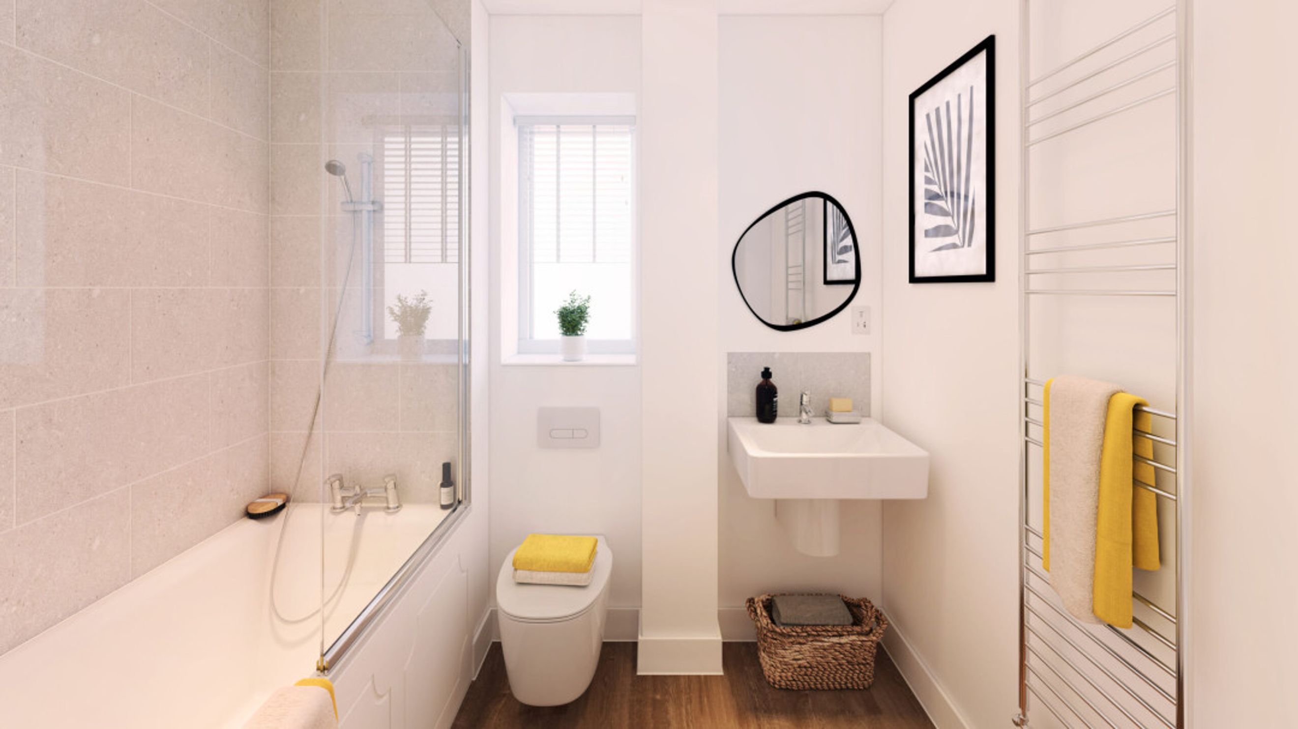 A bathroom with a bathtub, toilet, sink, and towel warmer.