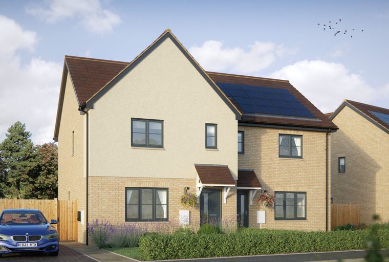 A modern semi-detached house with solar panels on the roof, a driveway, and a car.