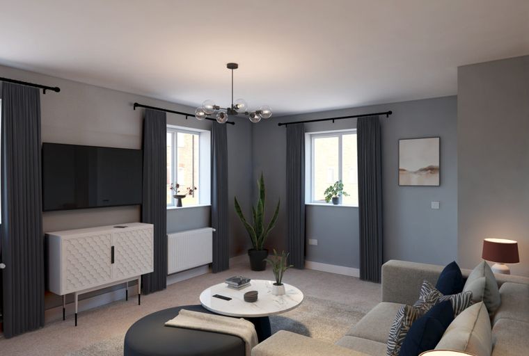 A living room with a television, a cabinet, windows, curtains, a chandelier, and a sofa.