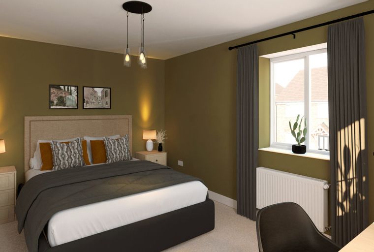 A bedroom with a bed, bedside tables, a window with curtains, and a pendant light.