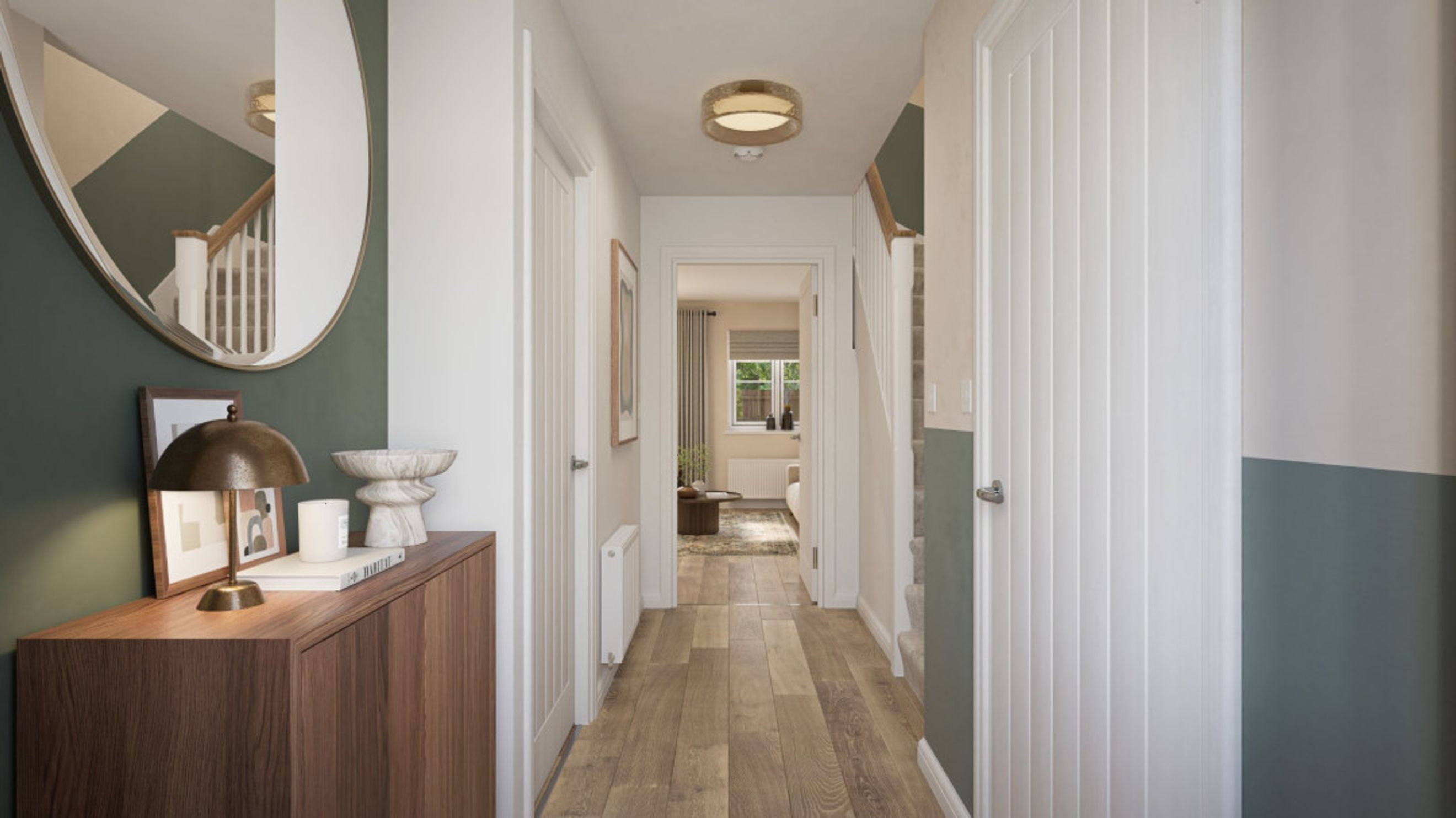 A hallway with a console table, mirror, and doors leading to other rooms.