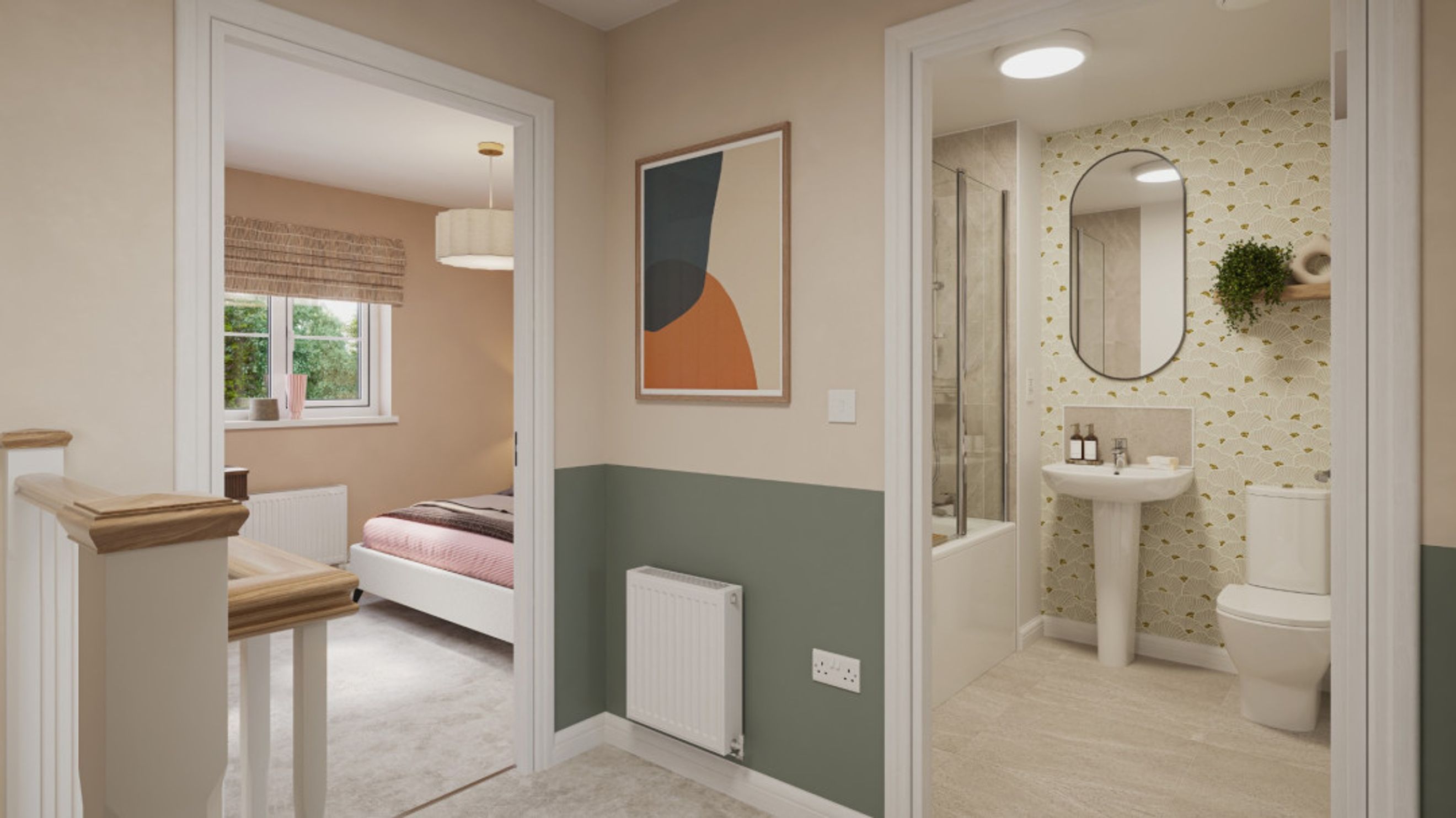 A hallway view into a bedroom and a bathroom.
