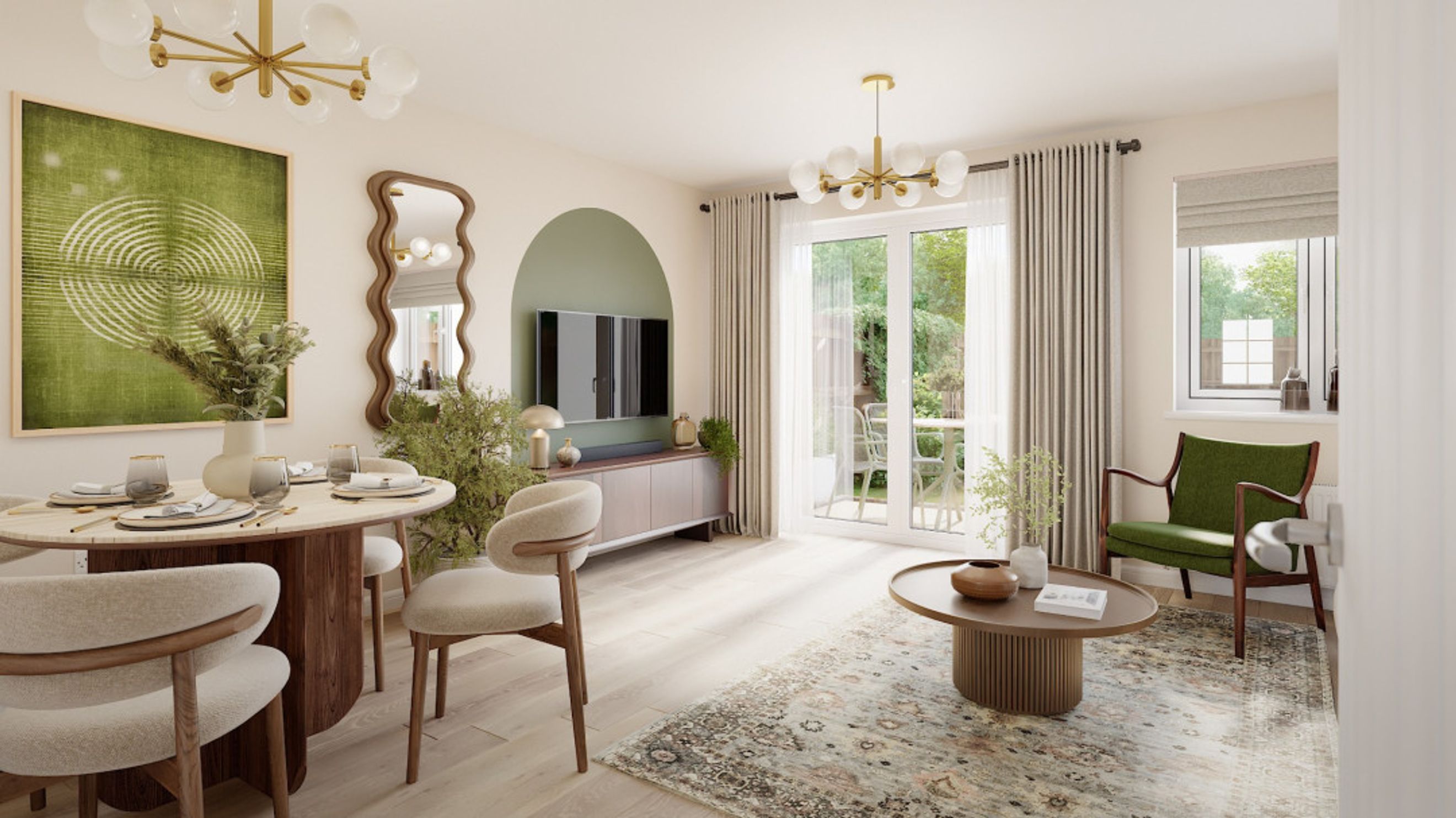 A dining and living room area with a dining table, chairs, a TV, and a coffee table.