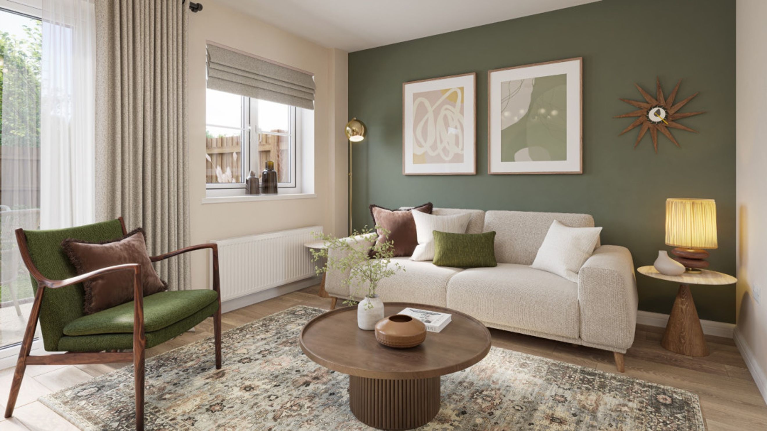 A living room with a sofa, armchair, coffee table, and artwork.