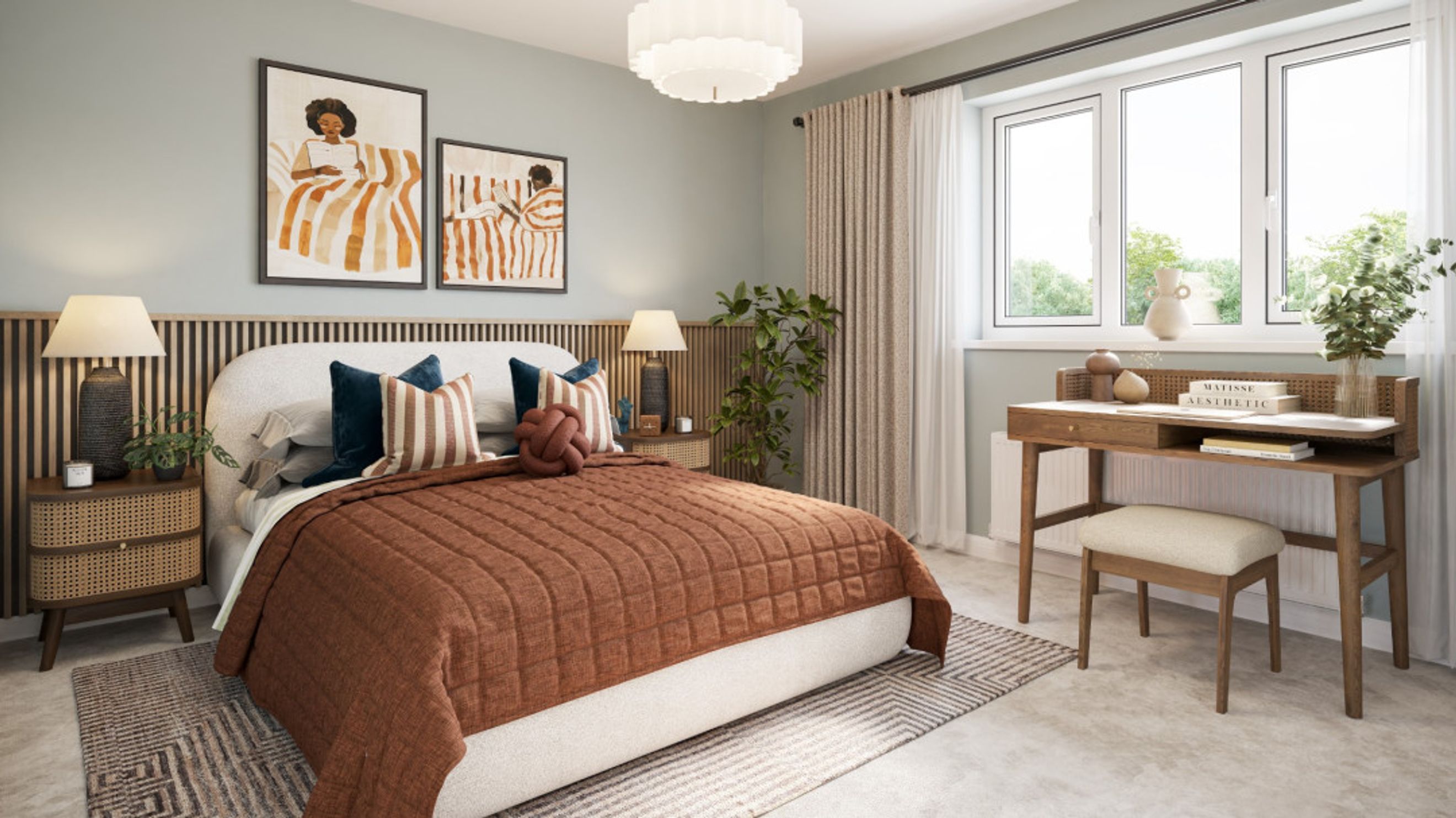 A bedroom with a bed, nightstands, a desk, and artwork.