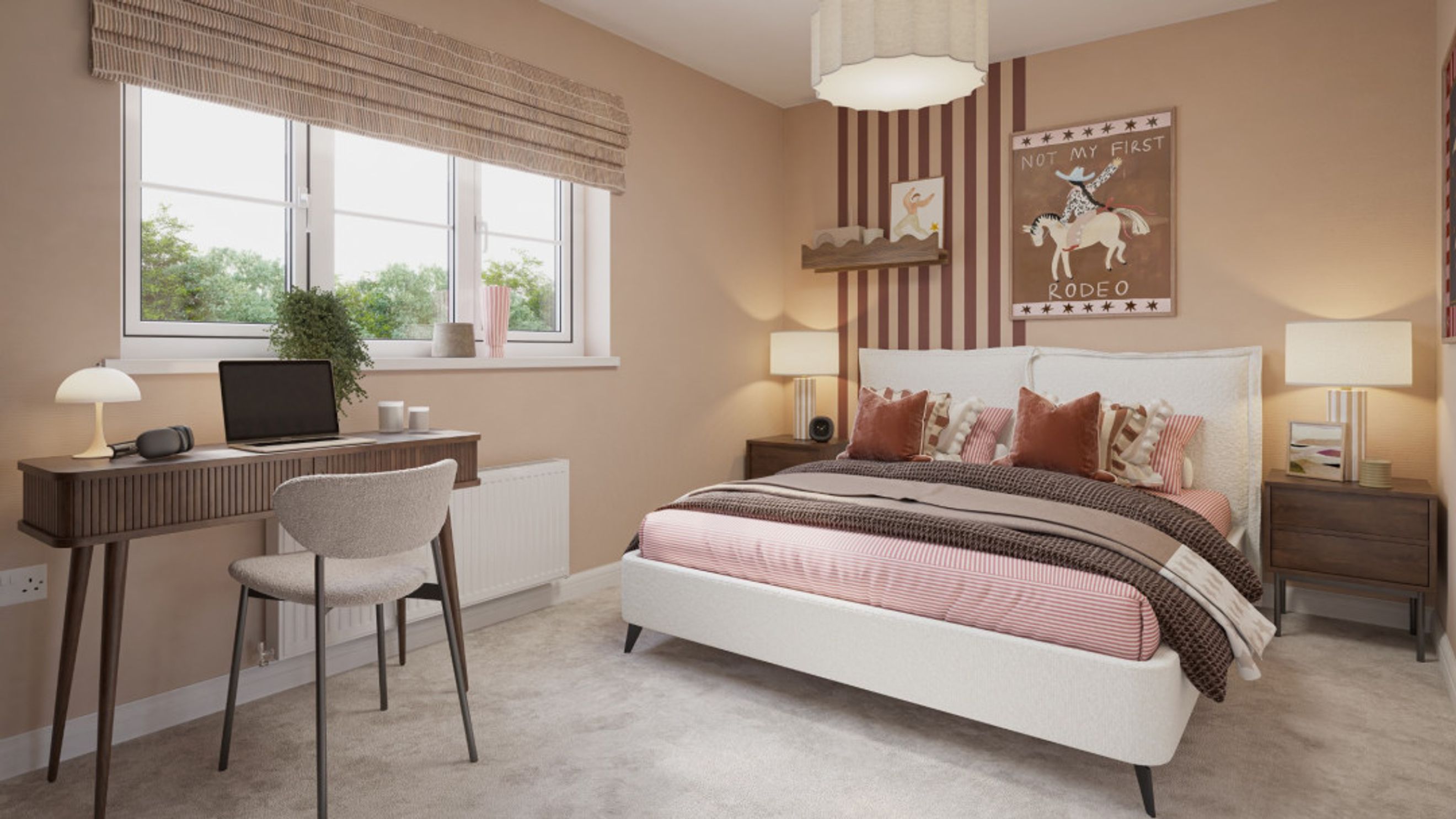 A bedroom with a bed, desk, chair, and bedside tables.