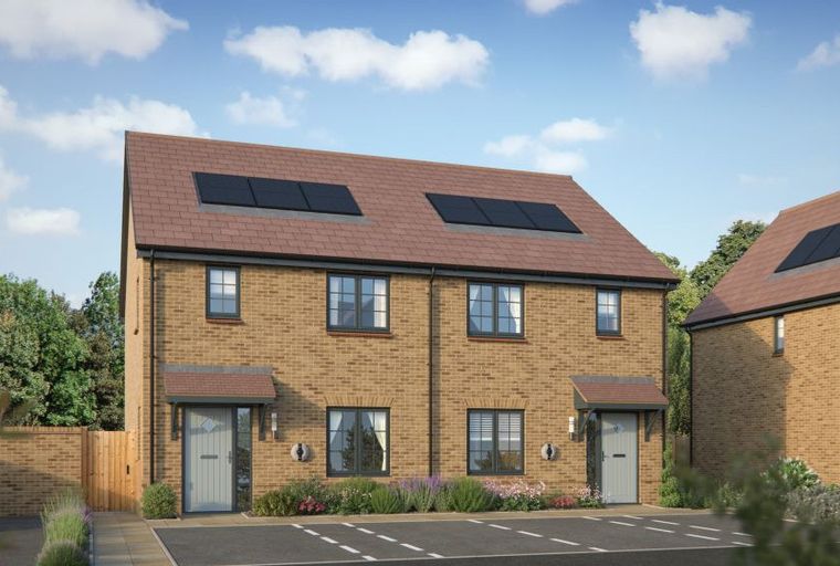 A pair of modern brick semi-detached houses with solar panels on the roof.