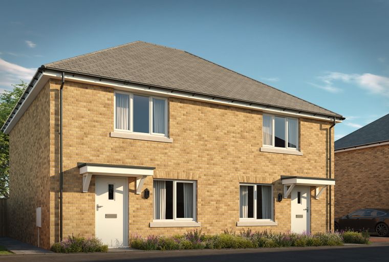 A pair of semi-detached houses with yellow brick exteriors and grey tiled roofs.