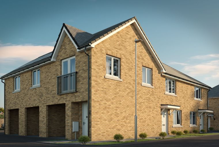 A modern brick house with multiple garage entrances and windows under a blue sky.