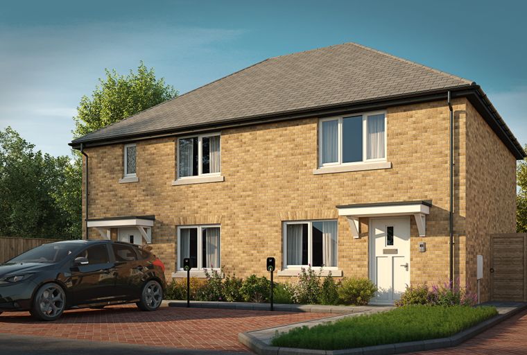 A modern semi-detached house with a black car parked in the driveway and two electric car chargers.