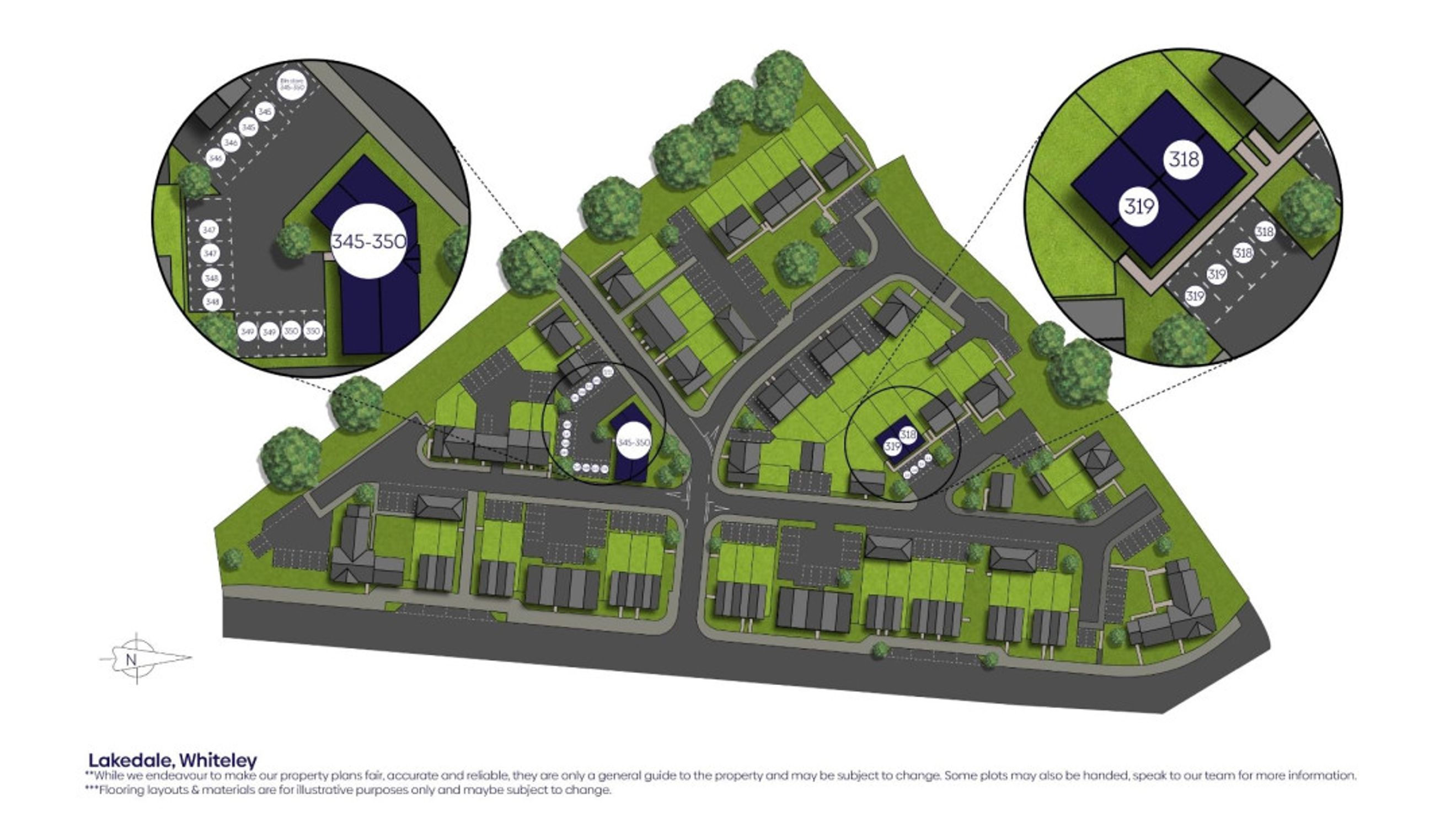 A site plan of a housing development called Lakedale, Whiteley, with highlighted plots and zoomed-in views of specific areas.