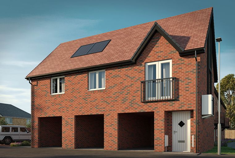 A brick house with a double garage, balcony, and solar panels on the roof.