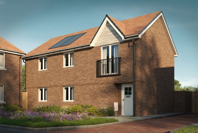 A two-story brick house with a tile roof, solar panels, and a front garden.