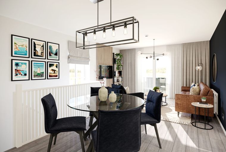 A dining area with a glass table and chairs, adjacent to a living room with a leather sofa and a floor lamp.