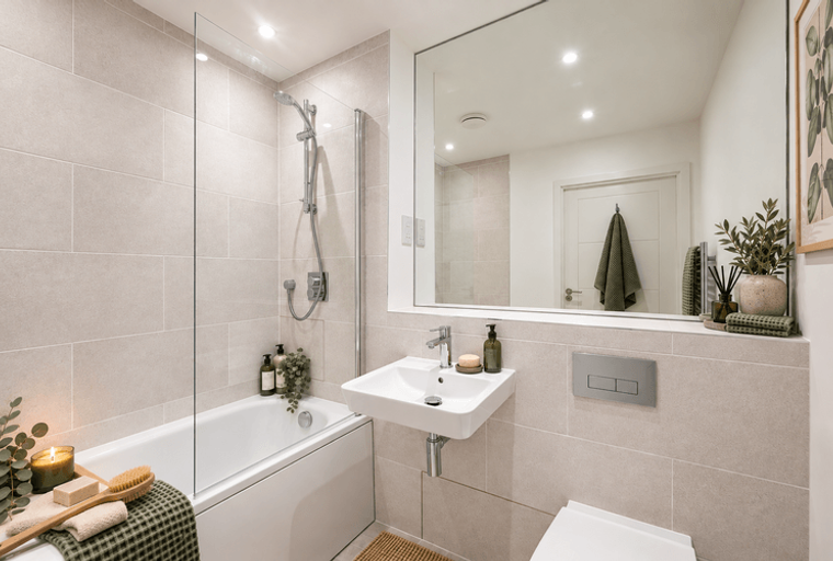 A bathroom with a bathtub, sink, and mirror.
