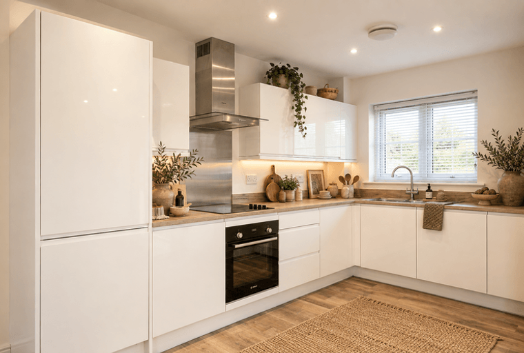 A modern kitchen with white cabinets, a stainless steel range hood, and a wooden countertop.