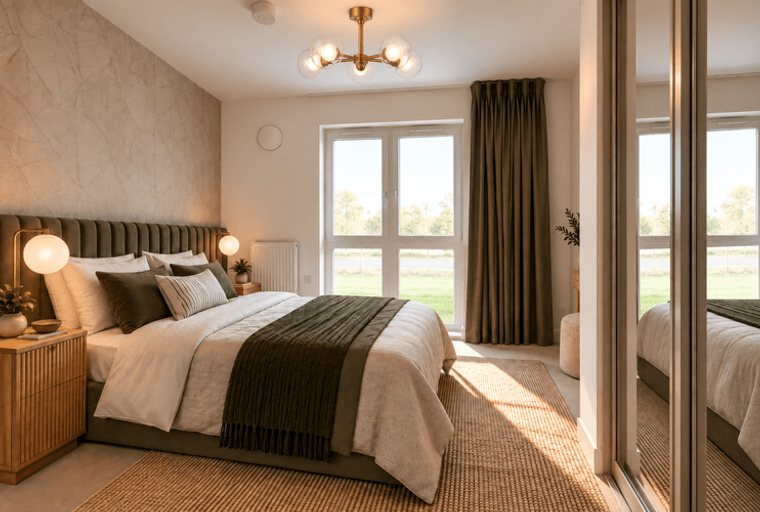 A bedroom with a bed, nightstand, and large windows.
