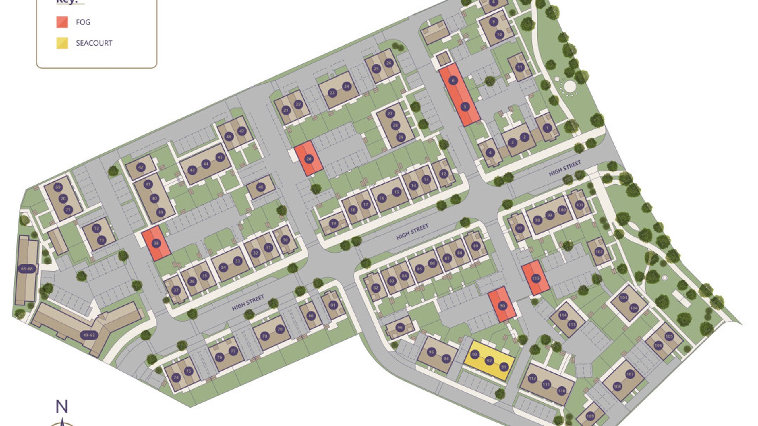 A map of a residential development with numbered houses and streets.