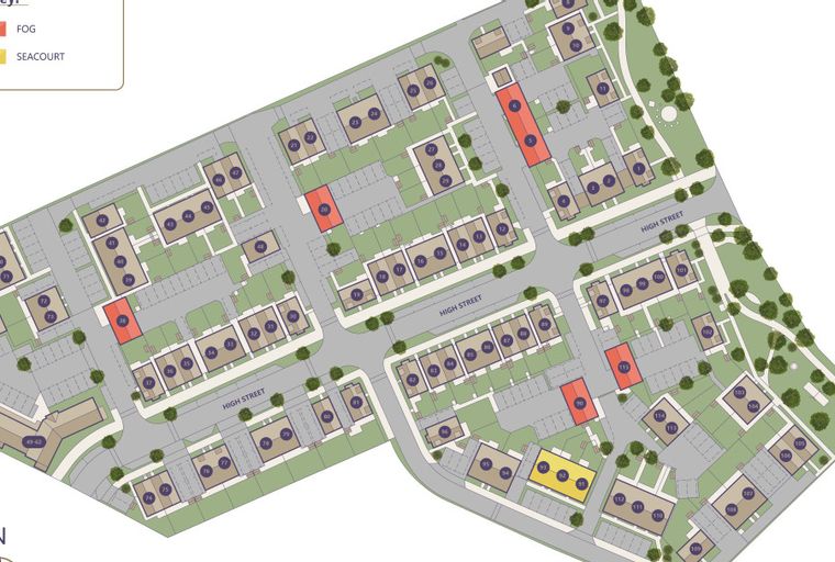 A map of a residential development with numbered houses and streets.