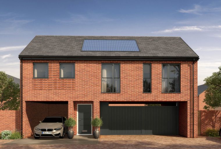 A two-story brick house with a garage, carport, and solar panels on the roof.
