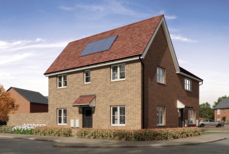 A brick house with a red tile roof and solar panels.