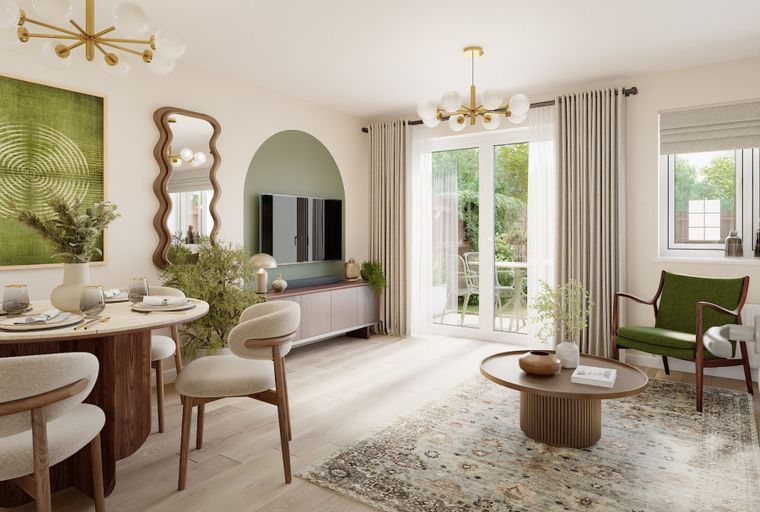 A dining and living room area with a dining table, chairs, a TV, and a coffee table.