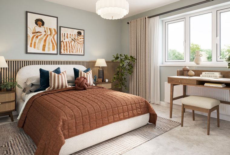 A bedroom with a bed, nightstands, a desk, and artwork.