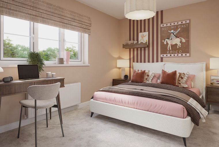 A bedroom with a bed, desk, chair, and bedside tables.