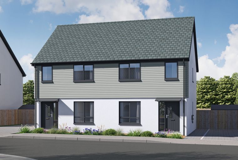 A modern semi-detached house with grey tiled roof and light grey horizontal cladding.